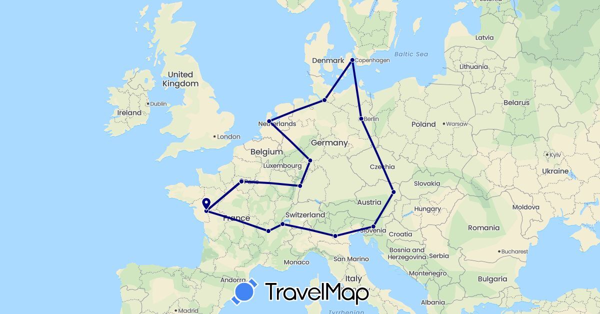 TravelMap itinerary: driving in Austria, Switzerland, Germany, Denmark, France, Italy, Netherlands, Slovenia (Europe)